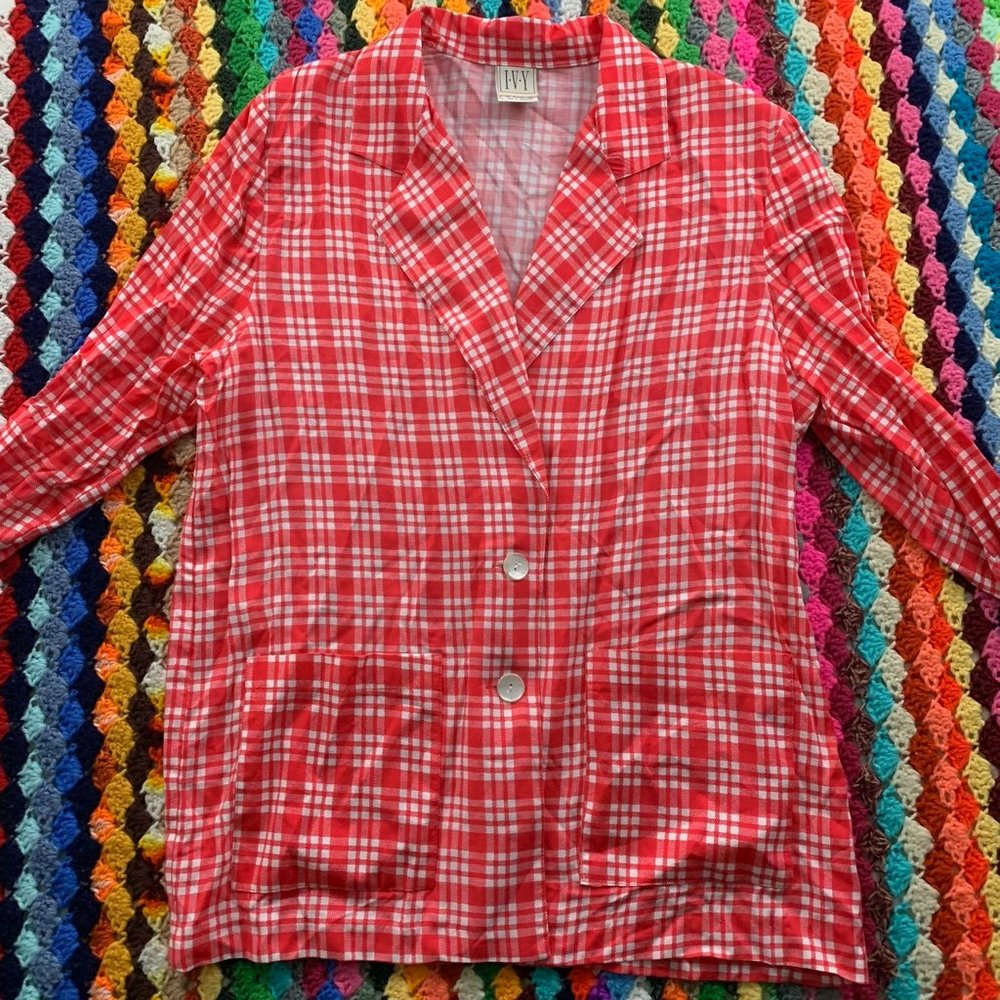 Vintage 80s IVY Lightweight Oversized Windowpane Plaid Unlined Pocket Bl… - Picture 10 of 15